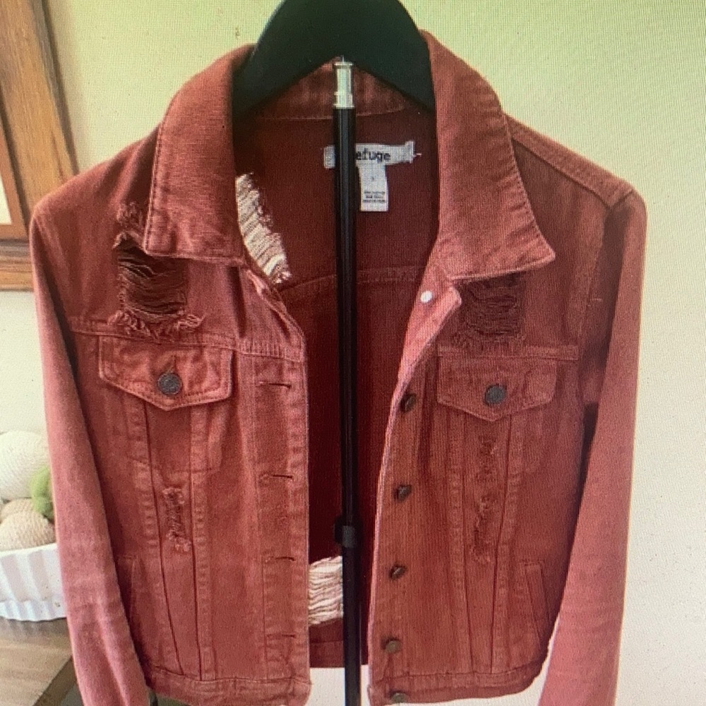 Refuge Womens Small Rust Distressed Denim Trucker Jacket Ripped Grunge